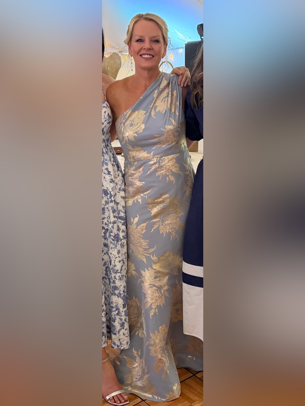 Kay Unger One-Shoulder Pale Blue and Gold Floral Gown - Picture 5 of 5